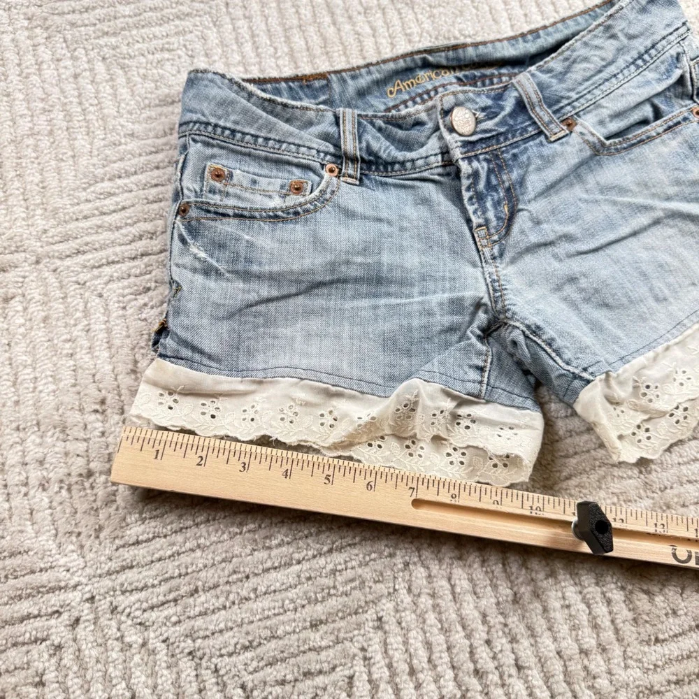 American Eagle Denim Shorts Womens 2 Long Boho Lace Distressed Festival VTG Y2K